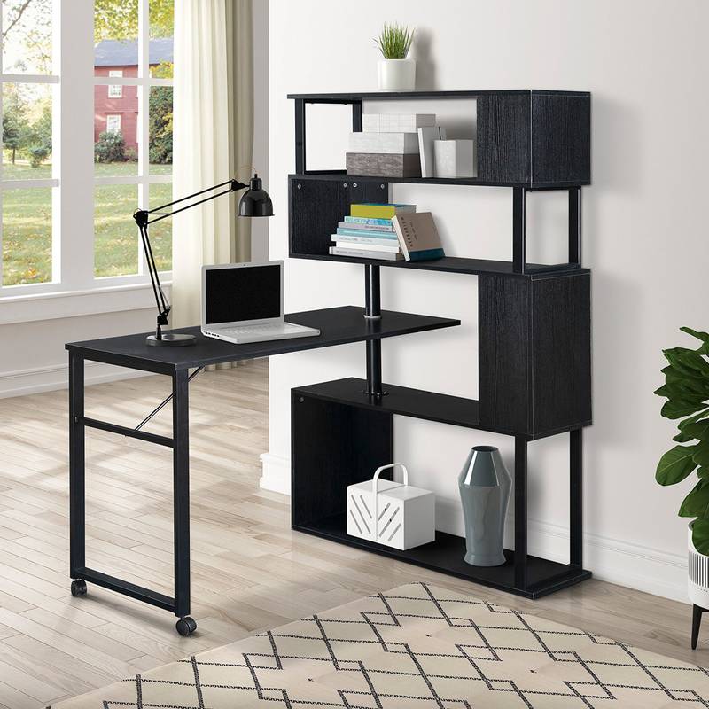 Versatile L-Shaped Home Office Desk with Rolling Bookshelf