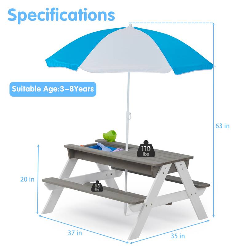 Fun & Play Kids Picnic Table with Umbrella and Sand & Water Area