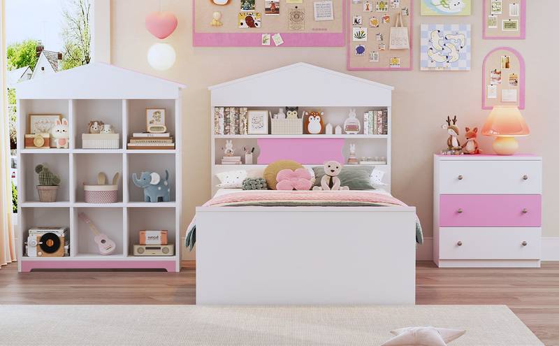 Charming Twin House Bed Set with Storage and Nightstand in Pink and White