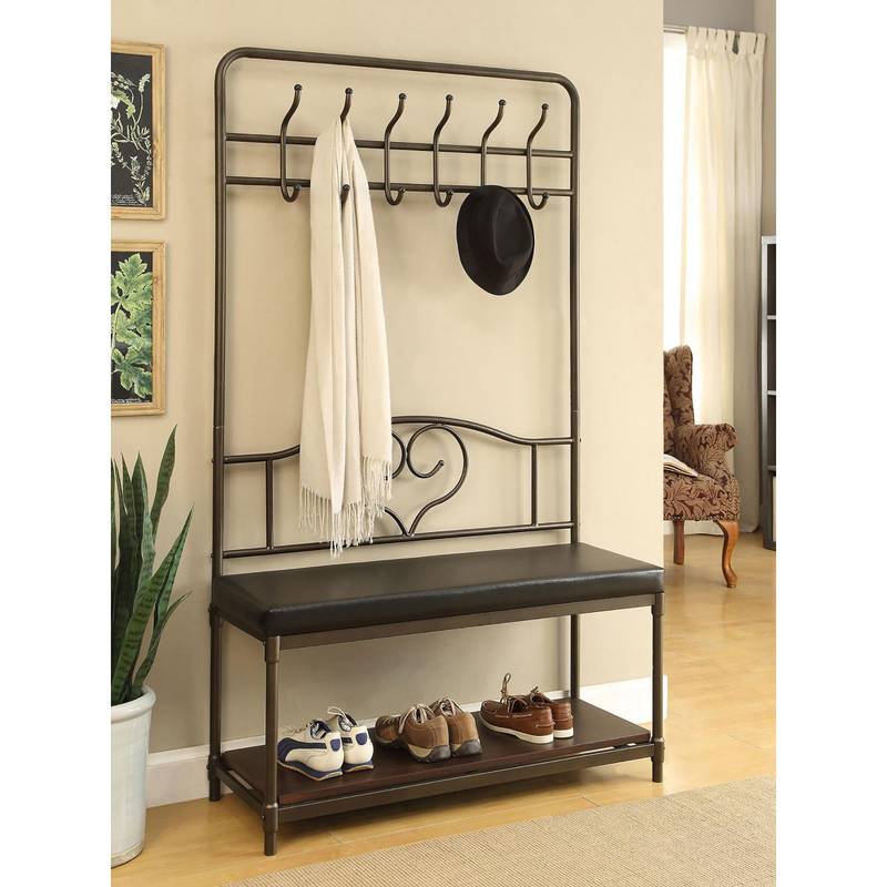 Stylish Black and Walnut Hall Tree with Hooks