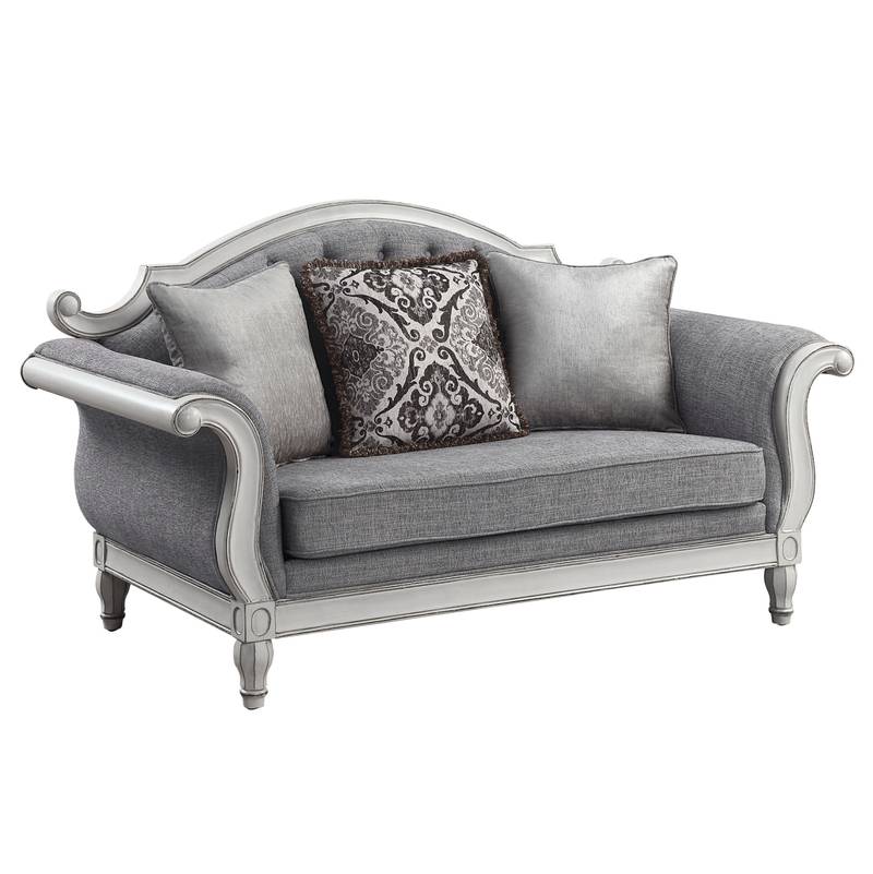 Chic Gray Loveseat with Pillows & Rustic Finish