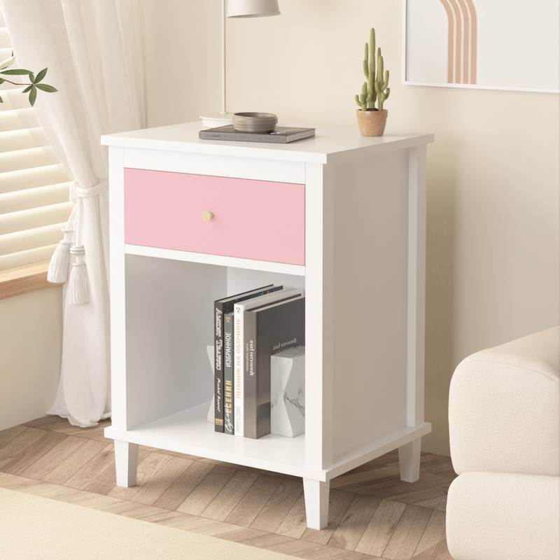 Charming Pink Wooden Nightstand with Shelf & Drawer