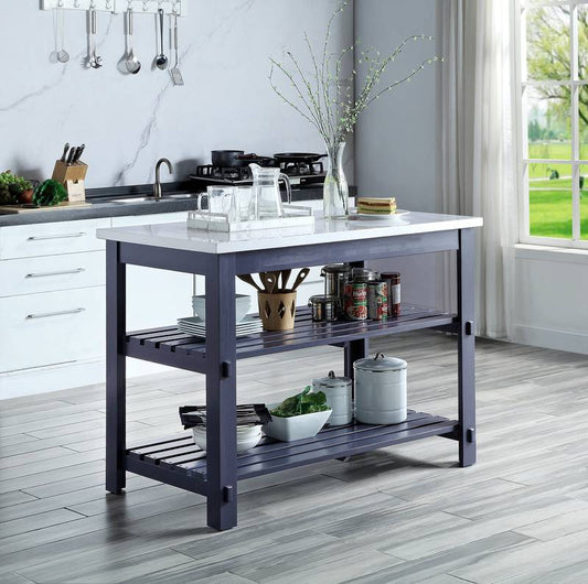 Chic Marble Top Kitchen Island with Gray Finish