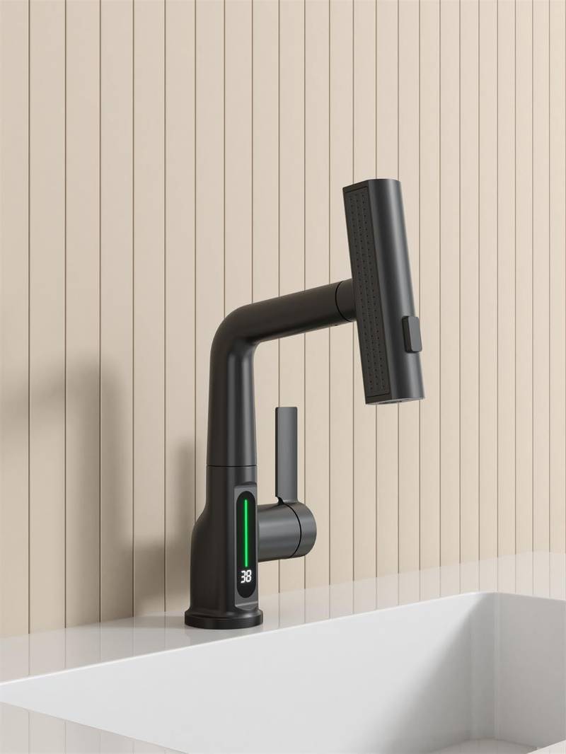 Sleek Matte Black Rotating Waterfall Faucet with LED Temperature Display