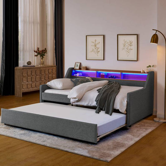Cozy Twin Sofa Bed with LED Lights & Wireless Charging