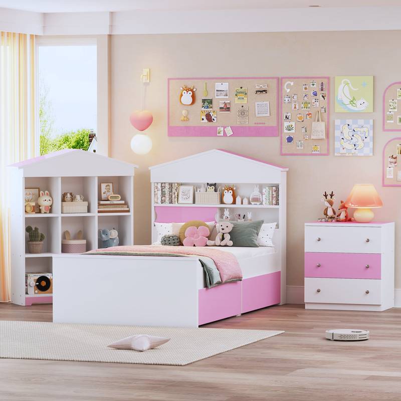Charming Twin House Bed Set with Storage and Nightstand in Pink and White