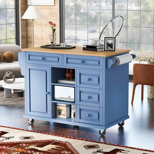 Blue Rolling Kitchen Island with Storage and Drawers