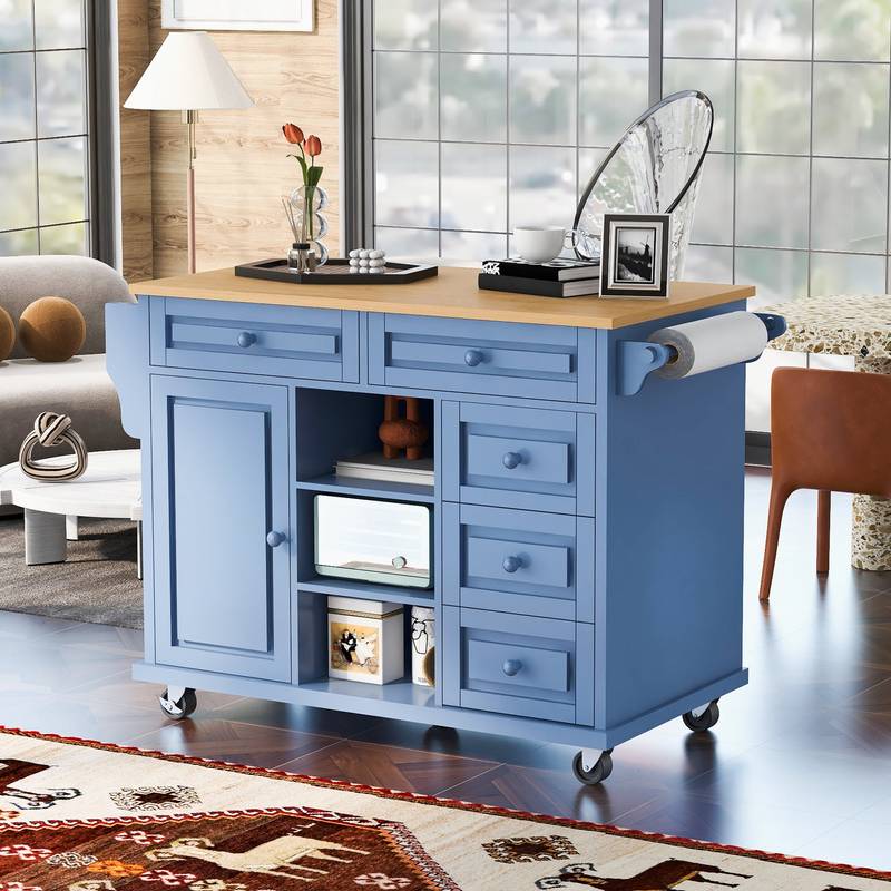 Blue Rolling Kitchen Island with Storage and Drawers