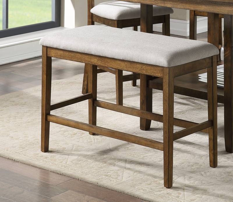 Light Oak Counter Height Bench with Chic Gray Fabric Upholstery