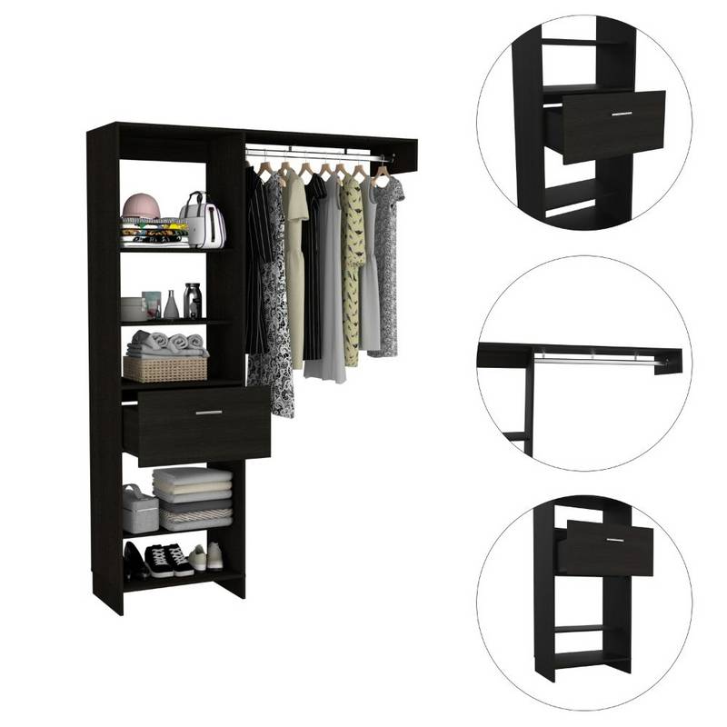 Sleek Black Closet Organizer with Open Shelves and Drawer