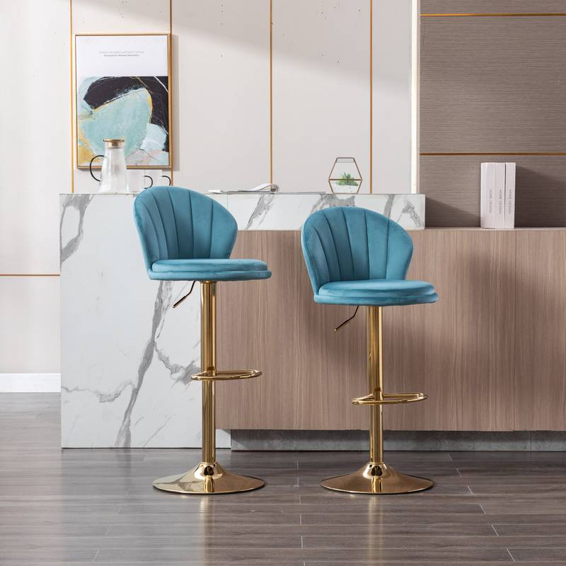 Chic Swivel Bar Stools with Velvet Touch and Gold Accents - Baby Blue Duo