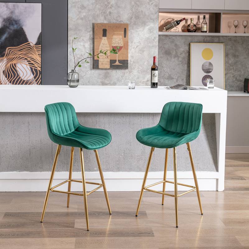 Chic Green Velvet Bar Stools with Gold Legs - Set of Two