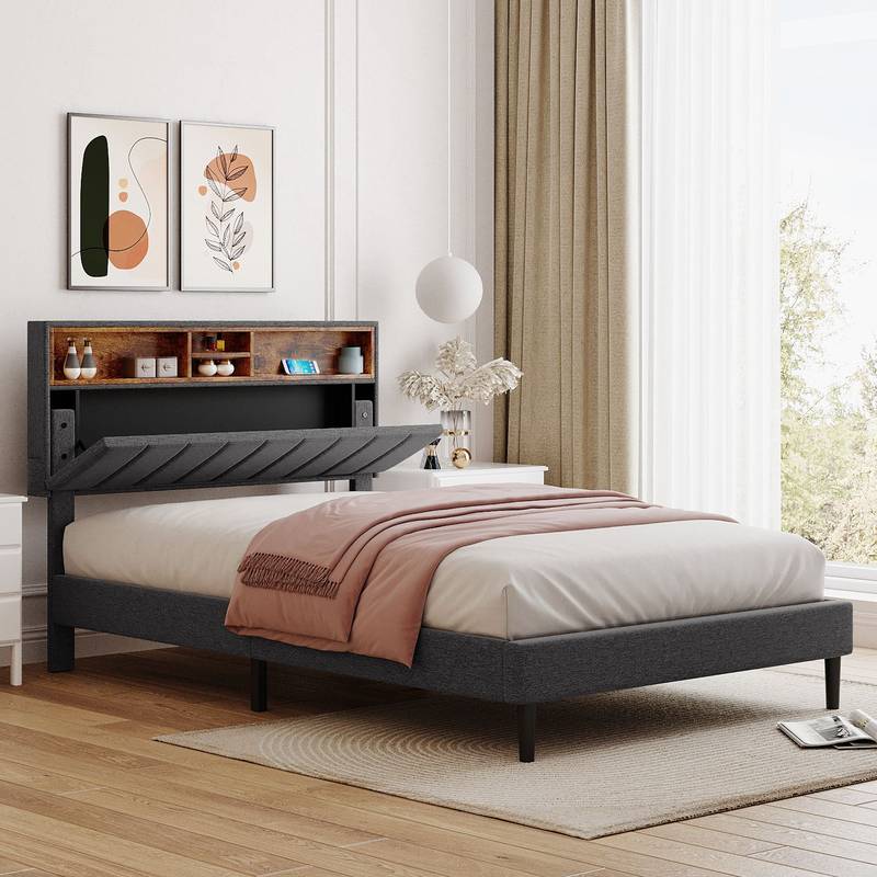 Cozy Gray Platform Bed with Storage and USB Charging