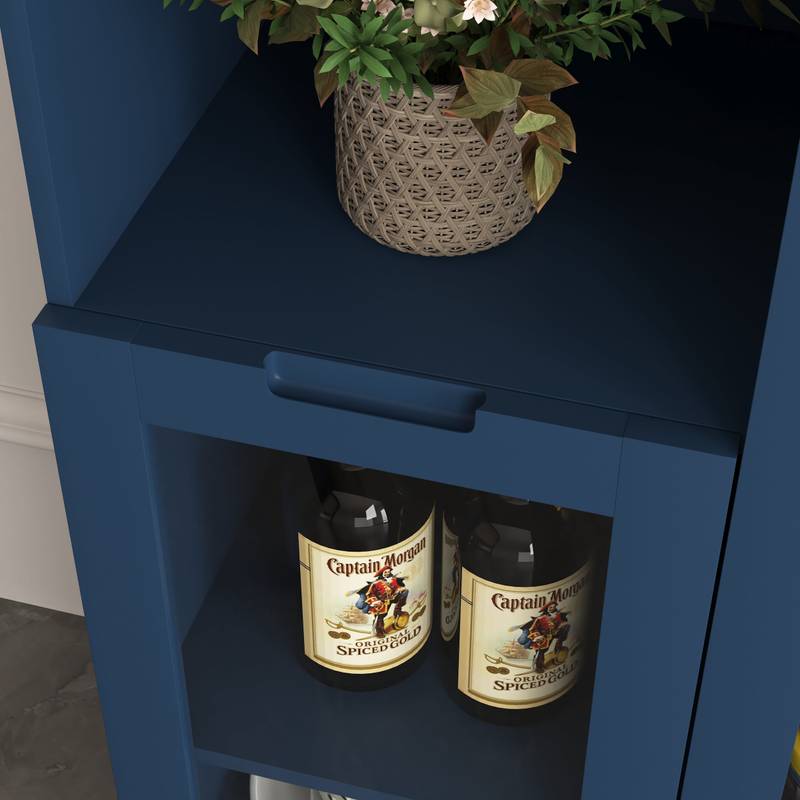Navy Blue Glass-Front Cabinet with Open Storage