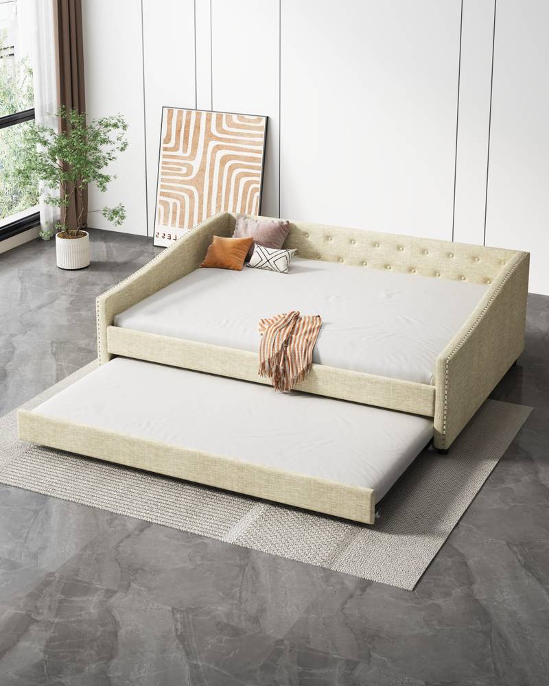 Chic Tufted Daybed with Cozy Trundle - Beige Dream Sofa Bed