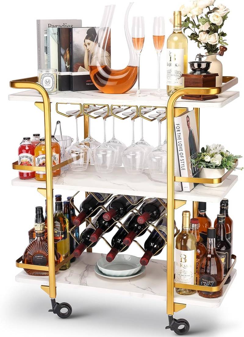 Glam Gold Bar Cart - Chic 3-Tier Storage & Wine Rack on Wheels