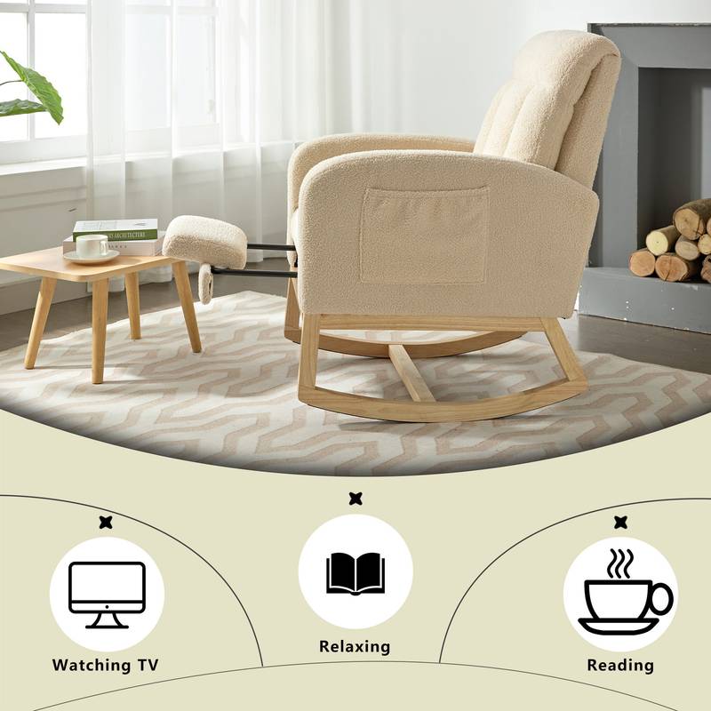 Cozy Rocking Chair with Wood Legs & Adjustable Footrest