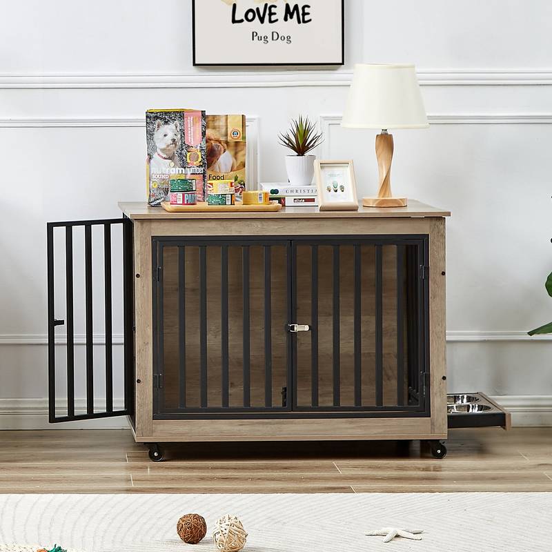 Chic Dog Crate Table with Feeding Bowl & Wheels