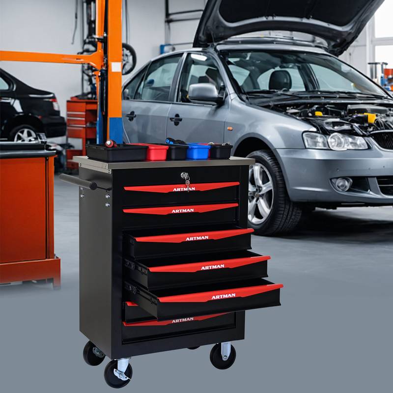 Rolling Tool Cart with Stainless Steel Top - Black & Red