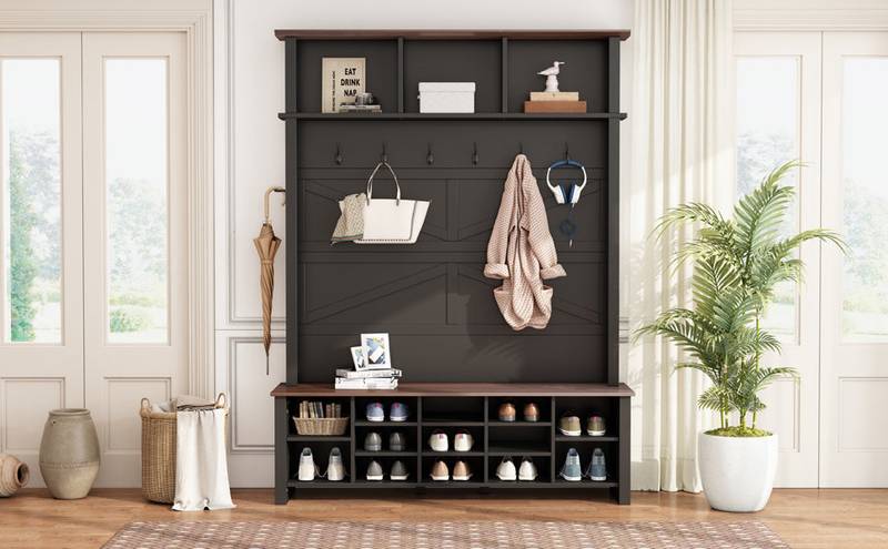 Chic Farmhouse Entryway Bench with Hooks & Shelves