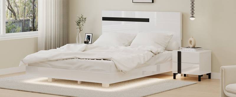 Sleek White LED Bedroom Set with Floating Bed & Nightstands