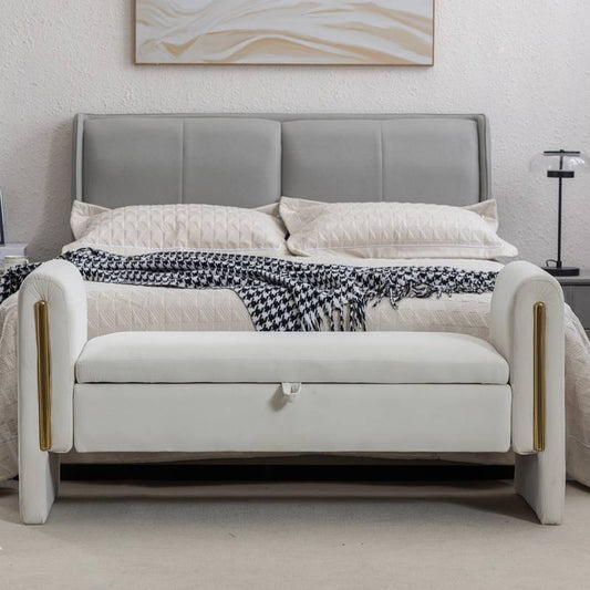 Ivory Velvet Storage Bench with Gold Accents