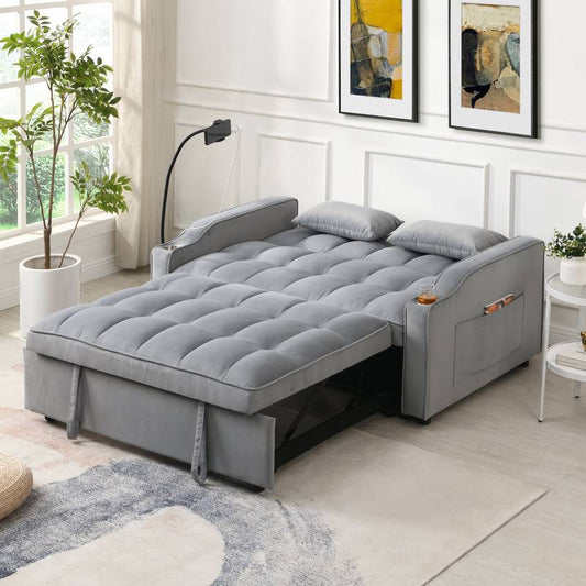 Chic Velvet Convertible Loveseat with Pullout Bed & Reclining Backrest