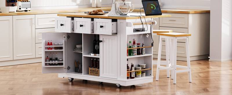 Cozy Kitchen Island with Bar Stools & Storage
