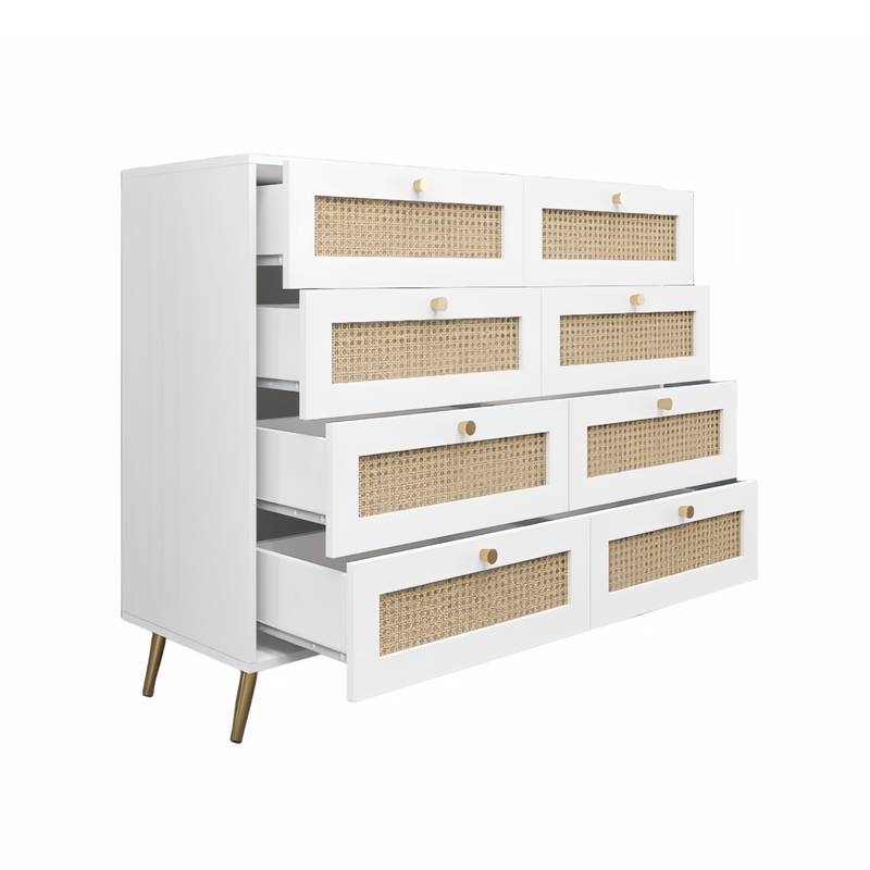 Chic Rattan-Front White Dressers with Gold Accents