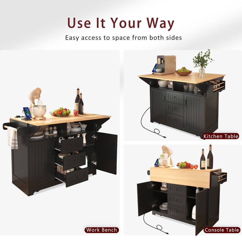 Versatile Kitchen Island Cart with Drop Leaves and Power Outlet