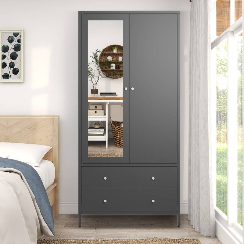 Sleek Metal Wardrobe with Mirror & Drawers