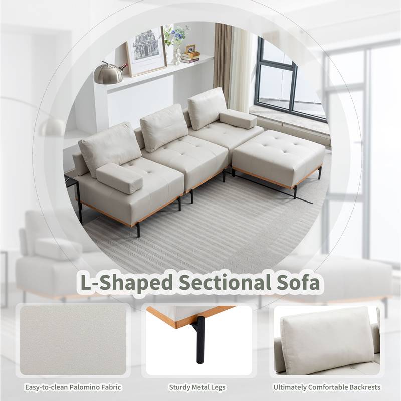 Cozy L-Shaped Sectional Sofa with Ottoman - Plush Beige Comfort for Your Living Room