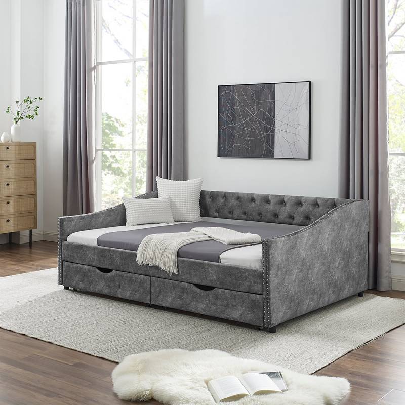 Stylish Grey Daybed with Storage Drawers & Tufted Design