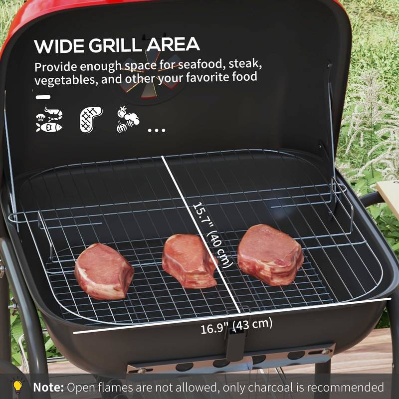Red Hot Portable Charcoal Grill with Wheels and Side Tables