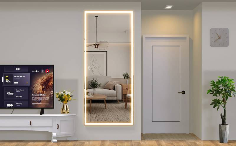GlamGlow LED Bathroom Mirror: Illuminated Full-Body Reflection in Silver