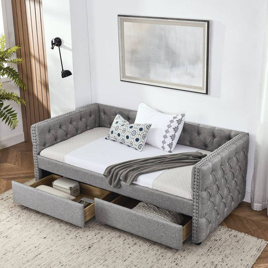 Chic Grey Twin Daybed with Storage Drawers
