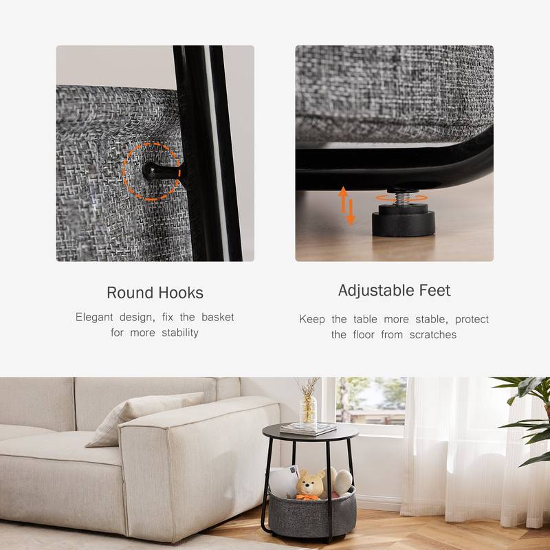 Chic Round Side Table with Fabric Basket