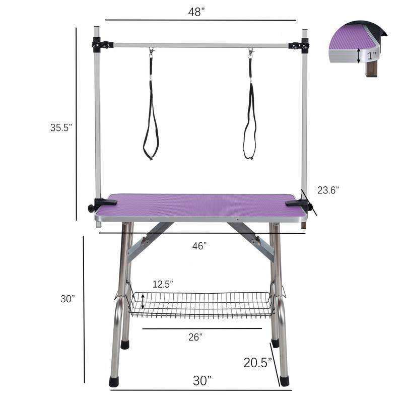 Purple Pet Grooming Table - Adjustable Arm & Non-Slip Mat