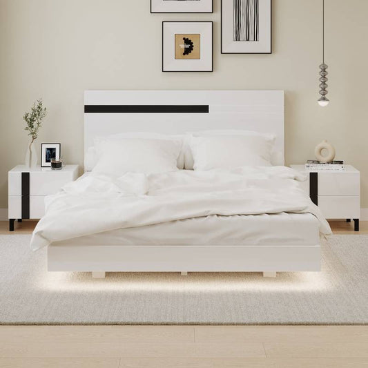 Sleek White LED Bedroom Set with Floating Bed & Nightstands