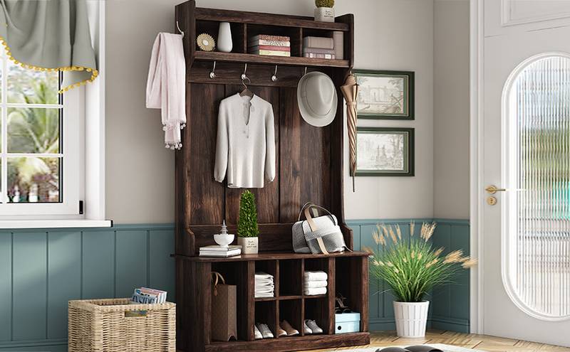 Entryway Essentials: Stylish Hall Tree with Hooks & Storage Bench