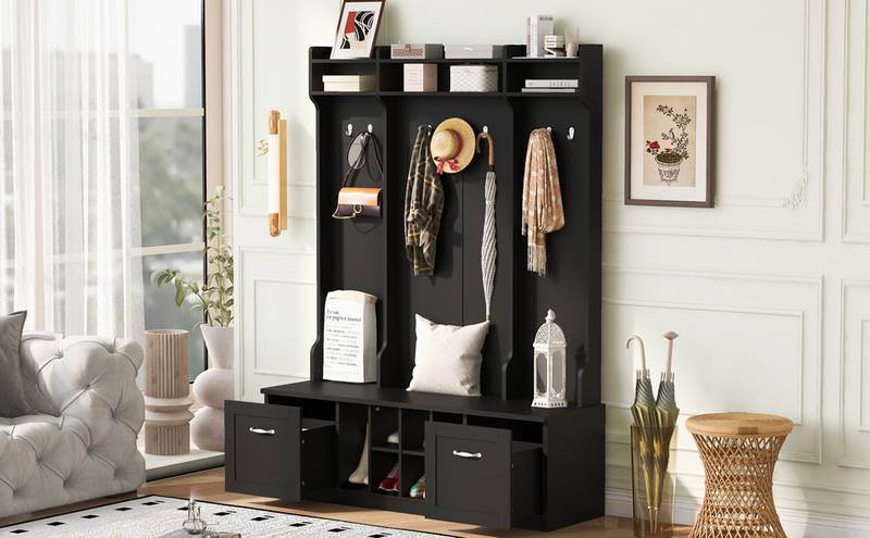 All-in-One Entryway Bench with Coat Rack & Storage