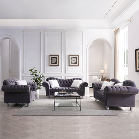 3 Piece Living Room Set - Button & Nail Sofa, Loveseat, Chair - 5 White Villose Pillow - Grey
