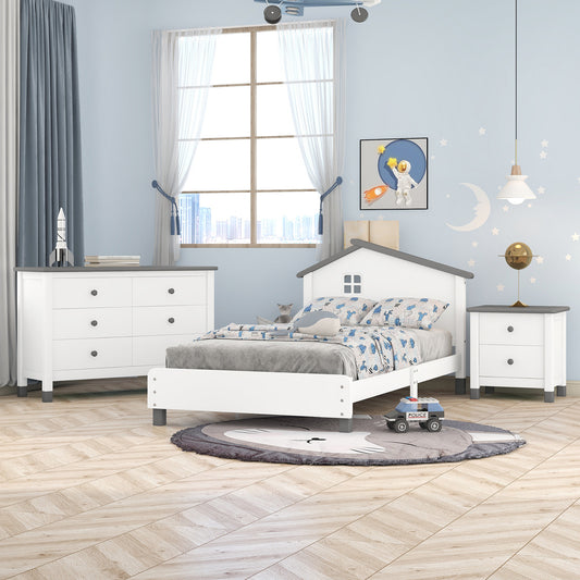 3-Piece Twin Bedroom Collection: Bed, Nightstand, Dresser (White+Gray)