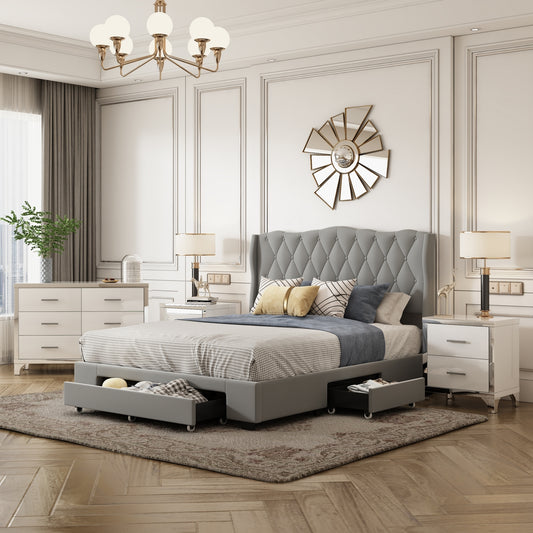 4-Piece Queen Bedroom Set with Upholstered Bed, Mirrored Nightstands, and Dresser