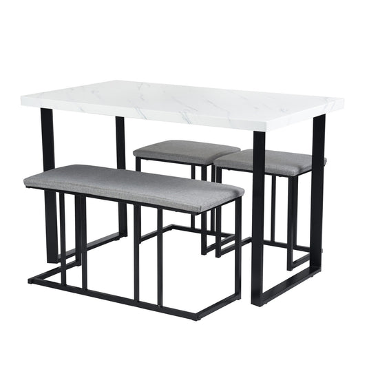 4-PC Counter Dining Set, Long Bench & Stools, Modern Space Saving Design, Kitchen/Restaurant, White & Grey