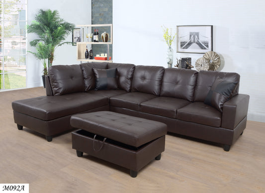 3-Piece Brown Faux Leather Sectional Sofa with Chaise and Ottoman