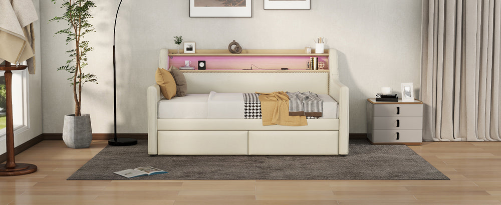 Cozy Beige Daybed with Storage & LED Lights