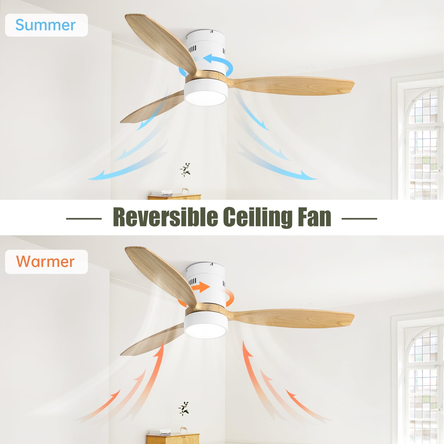 WhisperWind Flush Mount Ceiling Fan with Wood Blades and Remote Light