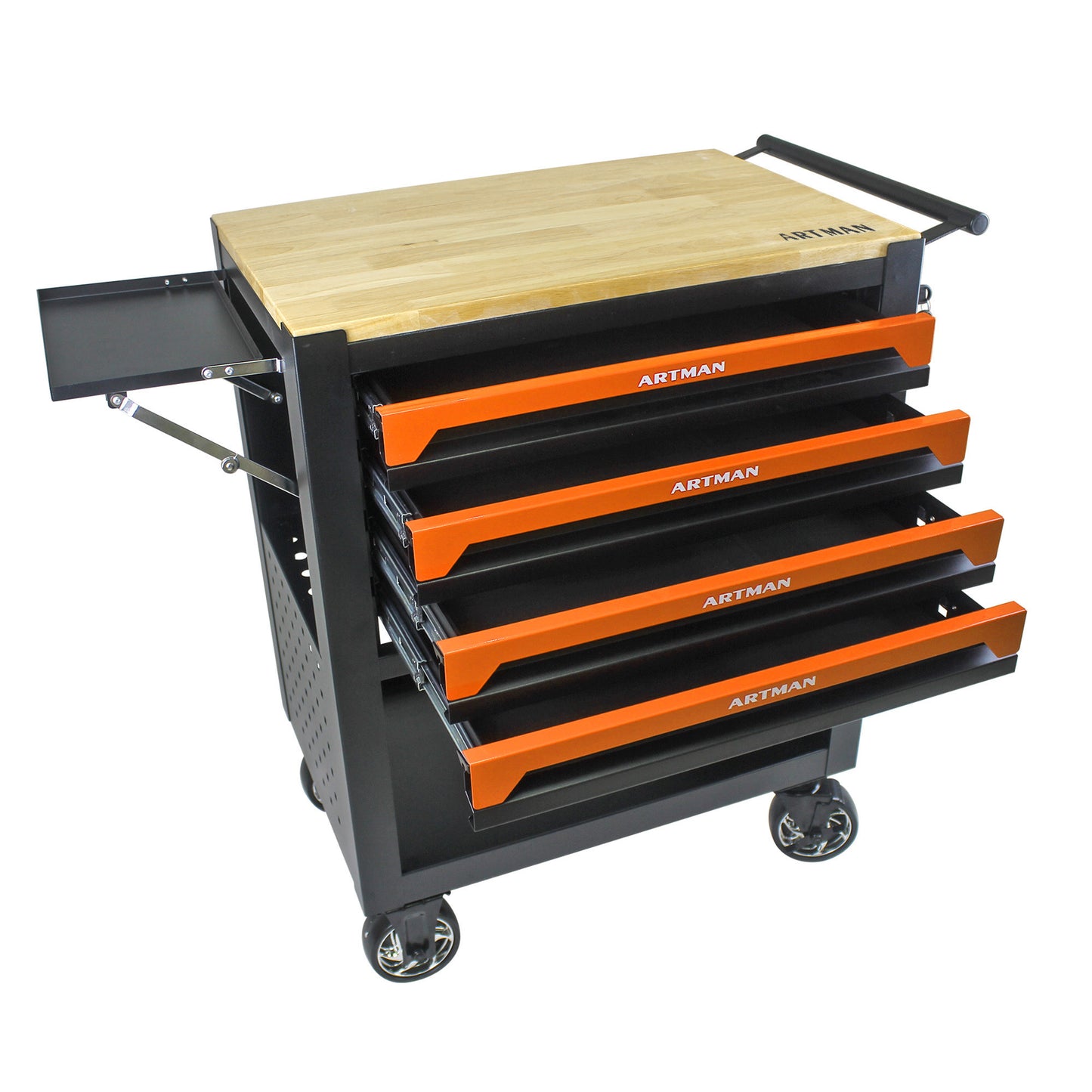 Orange Multi-Use Tool Cart with Wheels and Wooden Top