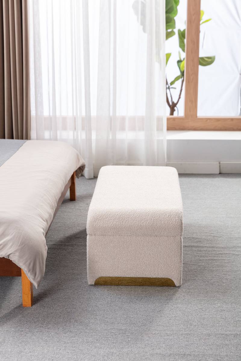 Chic Beige Boucle Ottoman with Gold Legs